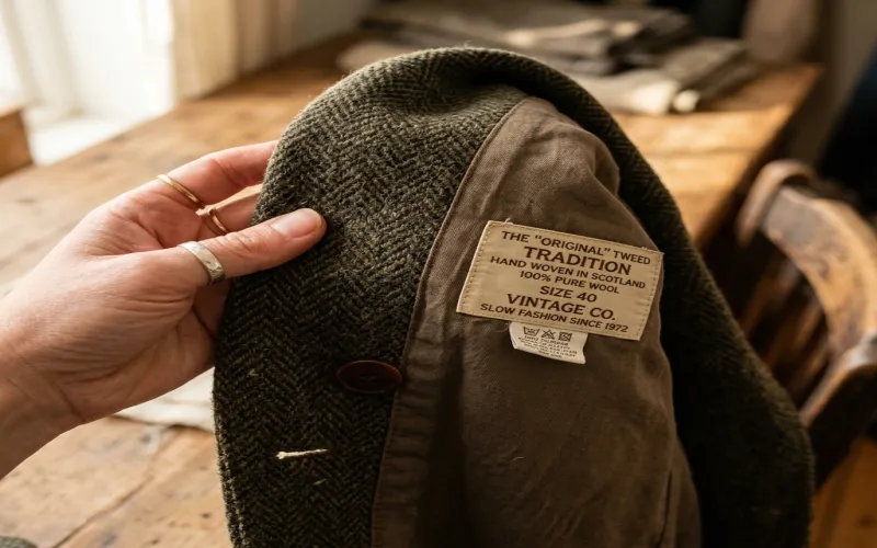 Close up of a hand holding a high quality vintage wool blazer